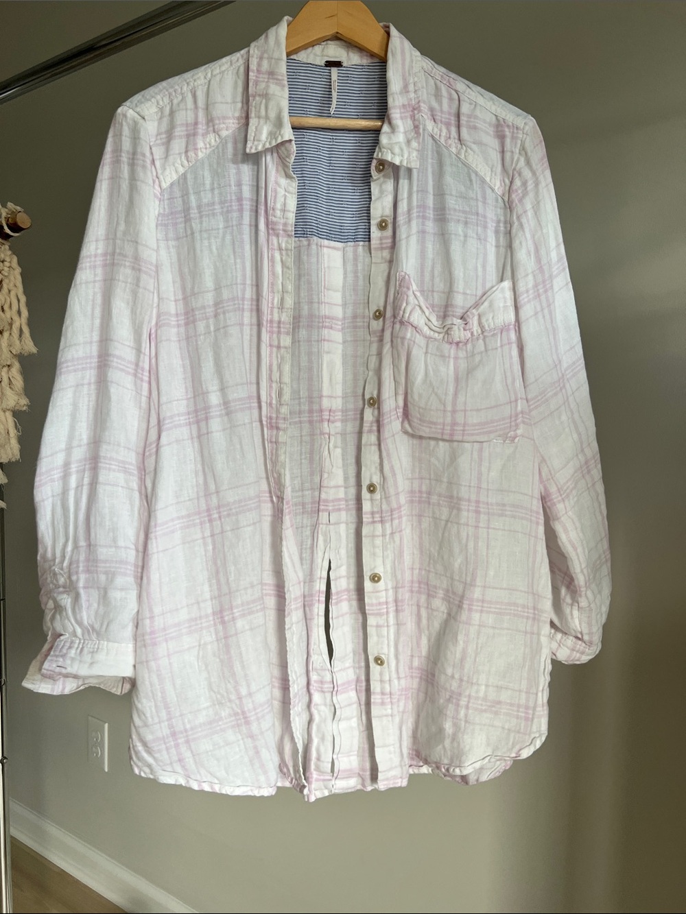 Free people linen Light Pink Plaid Button-Up Shirt